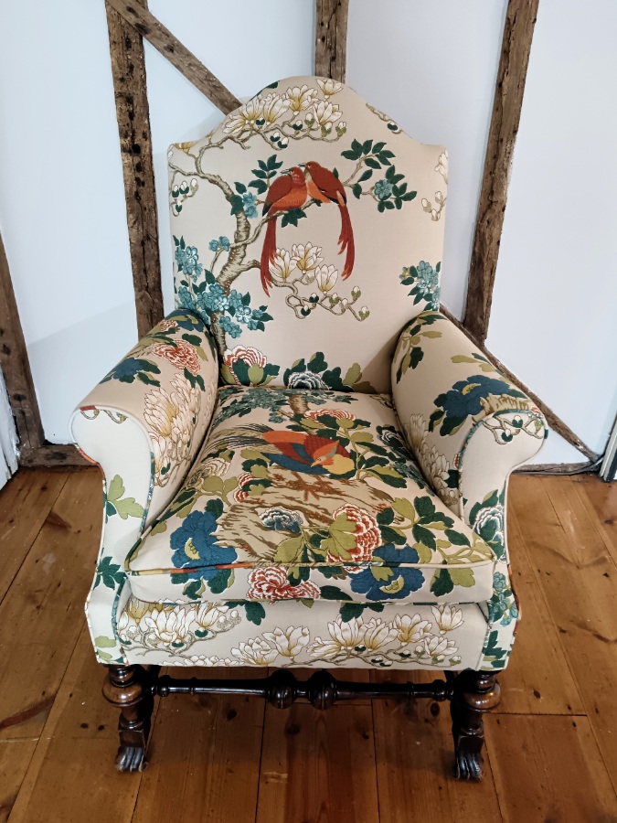 William and Mary Revival Armchair in Luxury GP  J Baker Rockbird Fabric (4).jpg